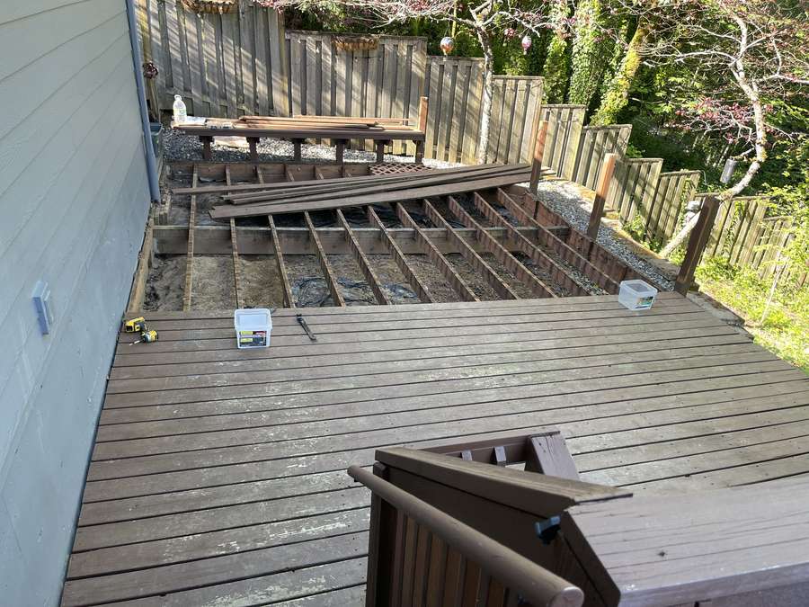 Lower deck joists exposed before new decking installed