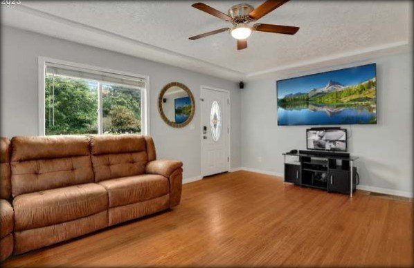 Living room with worn hardwood flooring before replacement