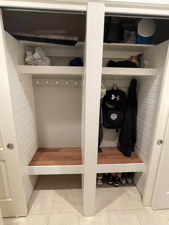 Entryway cubby bench with butcher block seat